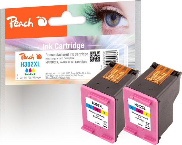 Peach HP 302 XLc Druckköpfe XL Set 2er Pack, wiederaufbereitet, kompatibel mit HP OfficeJet 3833, HP OfficeJet 5232 und HP OfficeJet 4658 - Bild 1
