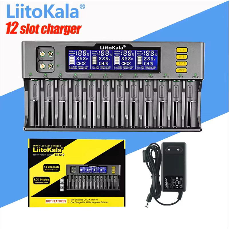 LiitoKala Lii-S12 Intelligentes 12-Bay Ladegerät in Schwarz für LiFePO4, Li-Ion, NiMH und NiCd, passend für 18650, 26650, AA und AAA - Bild 3