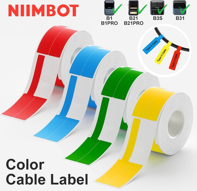 NIIMBOT Kabeletiketten für B1 B21 B2 Etikettendrucker, wasserfeste und ölbeständige Thermoaufkleber in Gelb, 1 Rolle mit 100 Etiketten, B/H: 2,54 x 7,62 cm - Bild 1