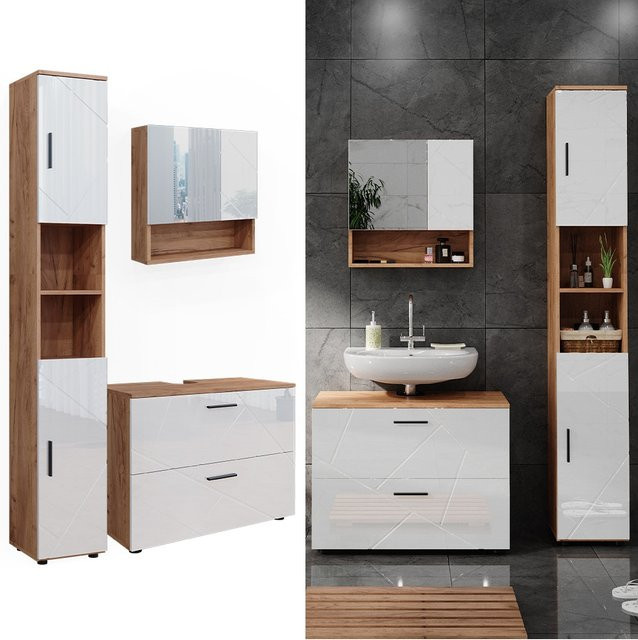 Vicco Badmöbelset Irma in Eiche und Weiß Hochglanz, modernes 3-teiliges Badezimmer-Set - Bild 1