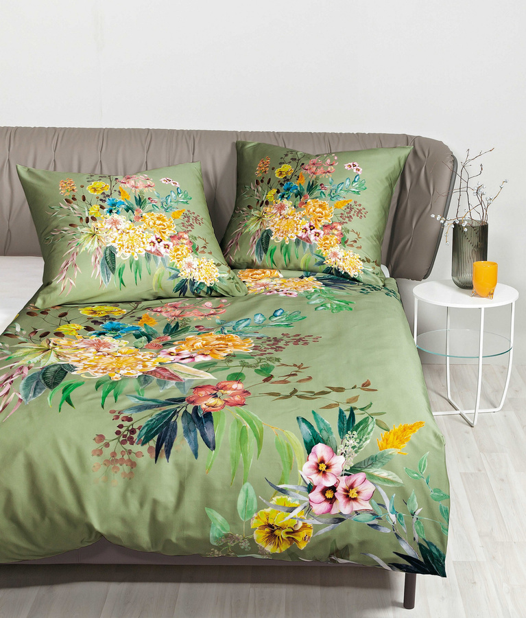 Janine Modern Art Mako-Satin Bettwäsche mit Blumen und Blättern in Grün, B/H: 135 x 200 cm und 80 x 80 cm - Bild 1