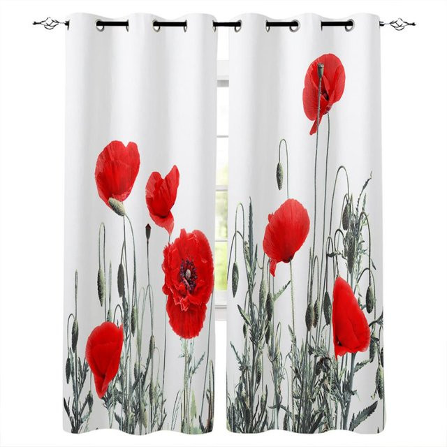 Dekorative Fenstergardine mit rotem Mohn-Blumenmuster von Super Six, halbtransparent, Polyester, Breite: 135 cm, Höhe: 60 cm - Bild 1
