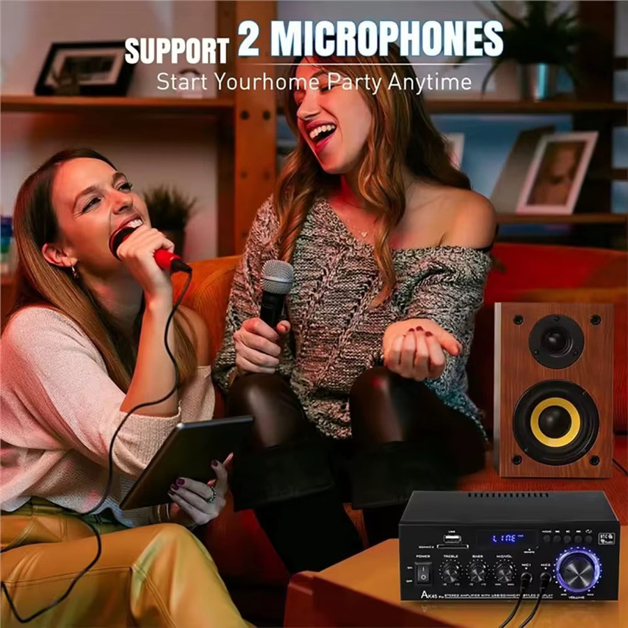 Kebidumei AK45 Digitaler 2-Kanal HIFI Bluetooth 5.0 Verstärker mit 800W, USB-A, FM und Mikrofoneingang, Schwarz - Bild 3