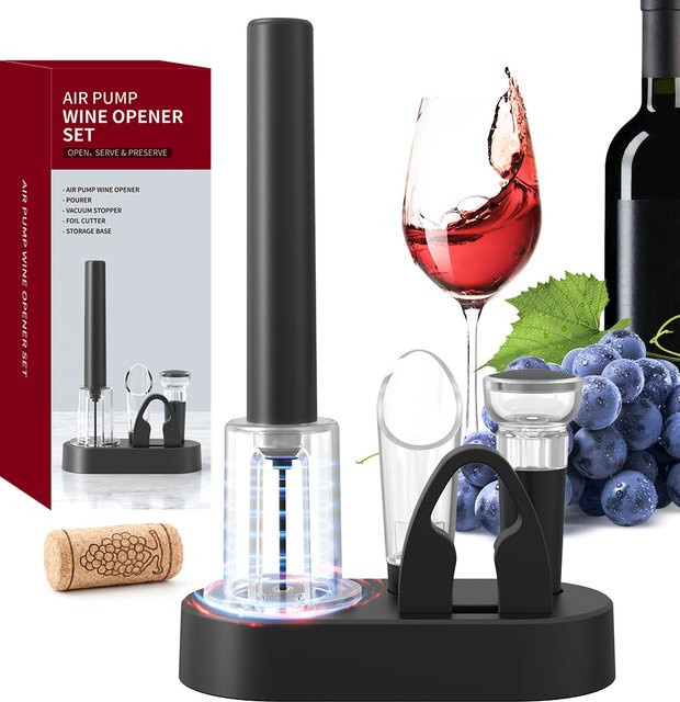 FLYMUYU Luftdruckpumpen-Weinöffner Set in Schwarz mit Folienschneider, Ausgießer und Stopper - Bild 1