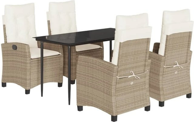 vidaXL 5-teilige Garten-Essgruppe aus Poly Rattan in Beige und Cremeweiß mit Kissen und Glastisch - Bild 1
