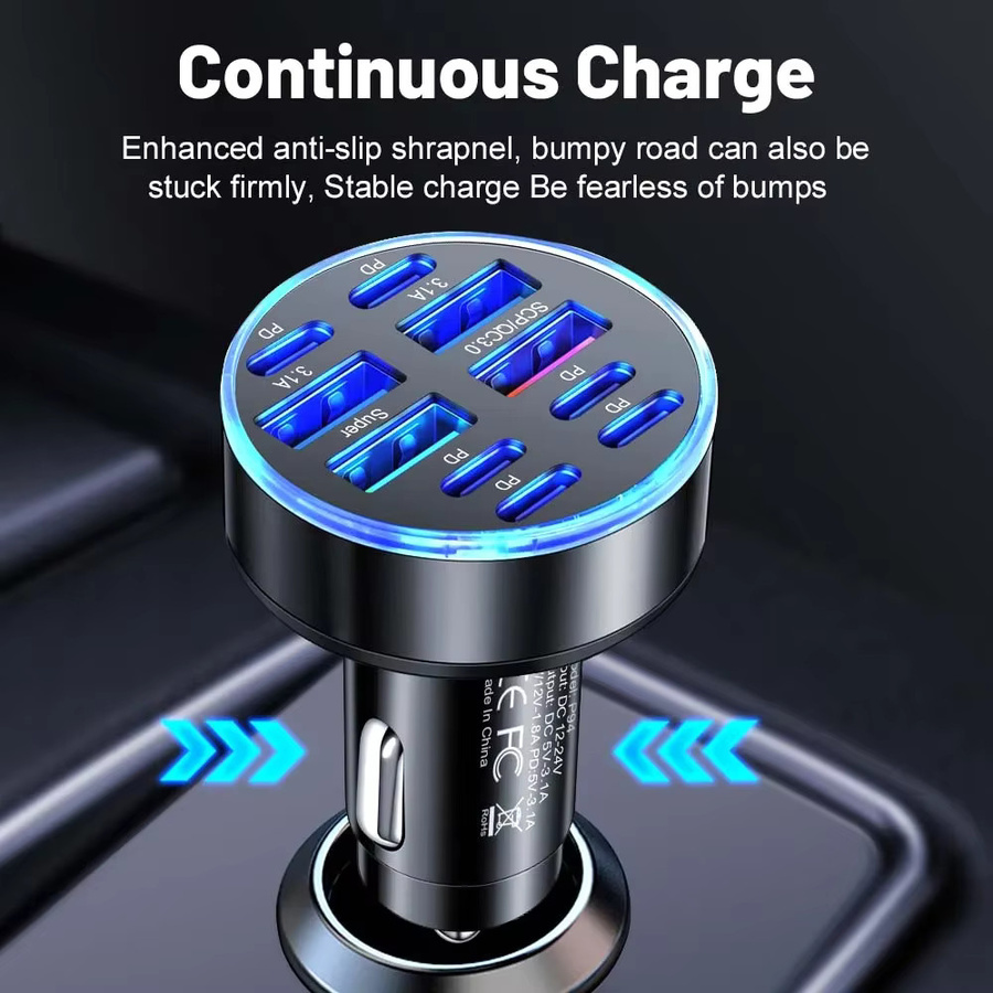 250 W Autoladegerät mit 10 Ports und USB-C Schnellladung PD QC3.0 in Schwarz für iPhone Samsung Huawei Xiaomi - Bild 4