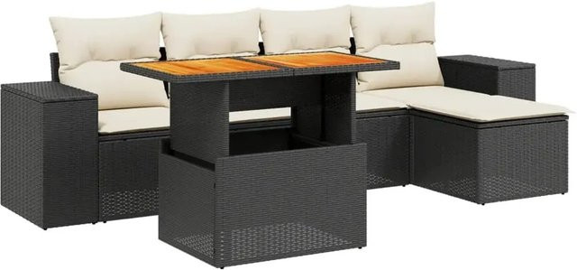 vidaXL 6-teilige Garten-Sofagarnitur aus Poly-Rattan und Akazienholz in Schwarz mit Kissen - Bild 1