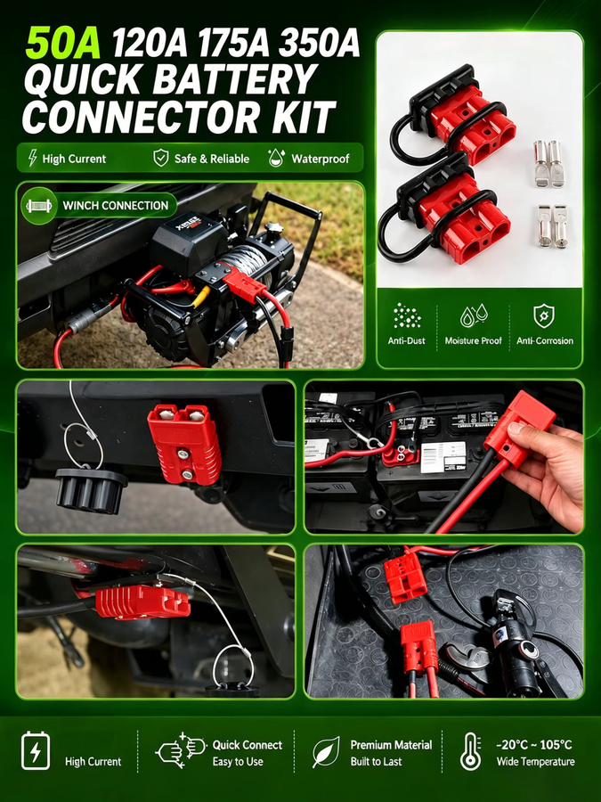 2/4er-Pack 2-Pin Autobatterie Schnellanschluss-Steckverbinder mit Staubschutzkappen, 50A 120A 175A 350A, 600V, Farben: Rot und Grau - Bild 5