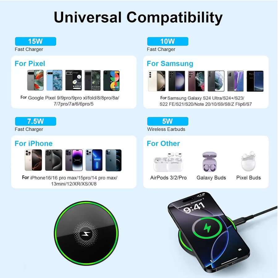 Schnelles kabelloses Ladegerät 15W Qi-zertifiziertes Ladepad in Schwarz für iPhone und AirPods - Bild 5