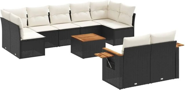 vidaXL 10-tlg Garten-Sofagarnitur in L-Form aus Polyrattan und Akazienholz mit Kissen, Schwarz - Bild 1