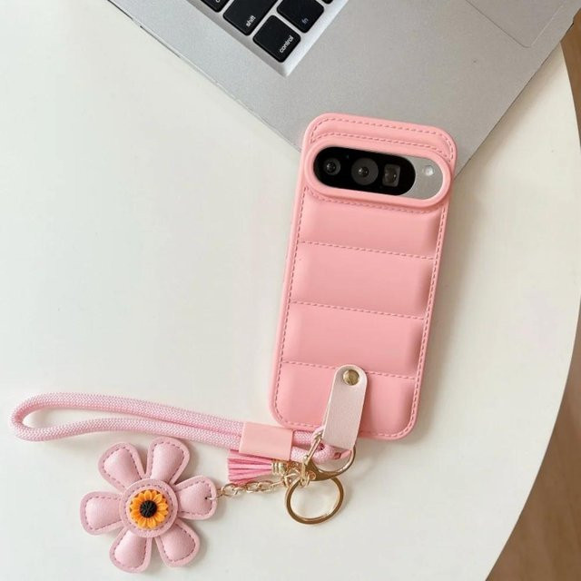 Handyhülle mit Cartoon Sonnenblume Design und Lanyard für Google Pixel 9, 8, 7, 6, 5 Pro sowie 9A, 7A, 6A, 5A in Pink, weiche TPU Hülle mit Handgelenkschlaufe - Bild 1