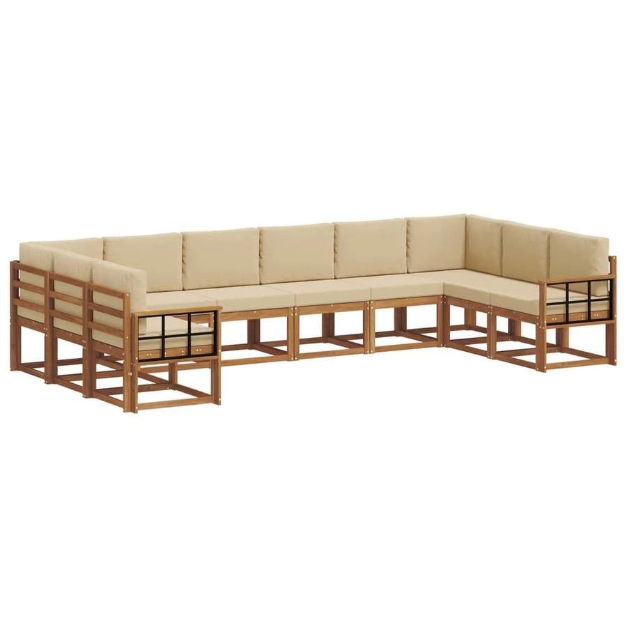 vidaXL Outdoor-Sofagarnitur aus Akazienholz in L-Form, 10-teiliges Set in Natur und Beige mit Kissen und Armlehnen - Bild 2