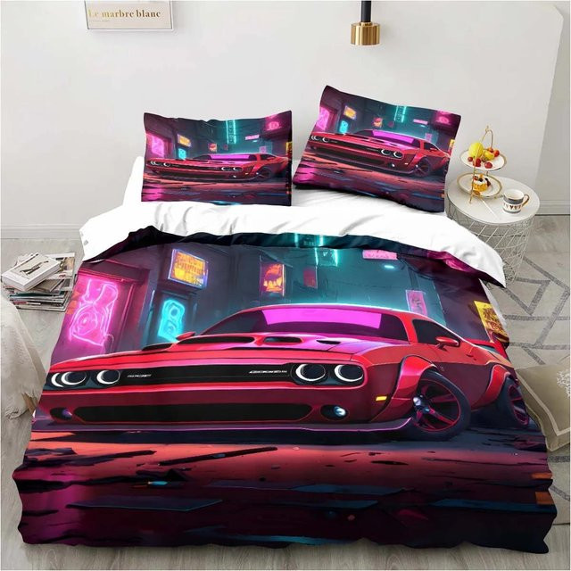 Gu Tao Bettwäsche-Set Retro Dodge Srt Hellcat Racing mit Bettbezug und Kissenbezügen, Mehrfarbig, B: 172 cm, H: 218 cm - Bild 1