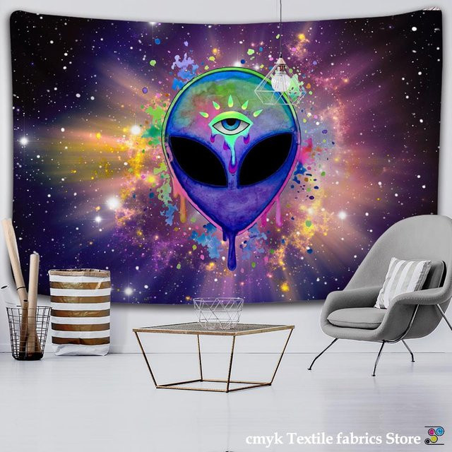 Trippy Alien Indischer Wandteppich von Brizbazaar in Grau und Multicolour, Aquarell-Kunstdekor mit abstraktem Motiv, Breite: 95 cm, Höhe: 70 cm - Bild 1