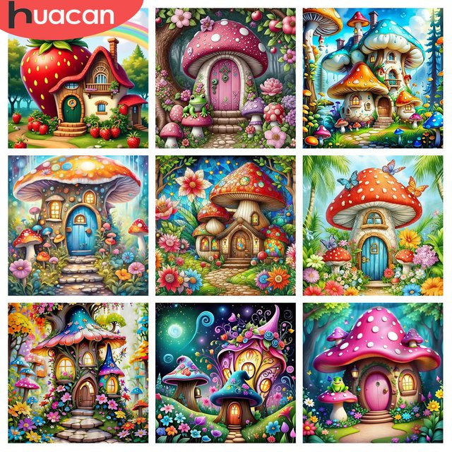 HUACAN Diamantmalerei 5D DIY Mosaik Set Haus in der Landschaft mit Wald, Pilzen und Erdbeeren, Rund, Mehrfarbig - Bild 1