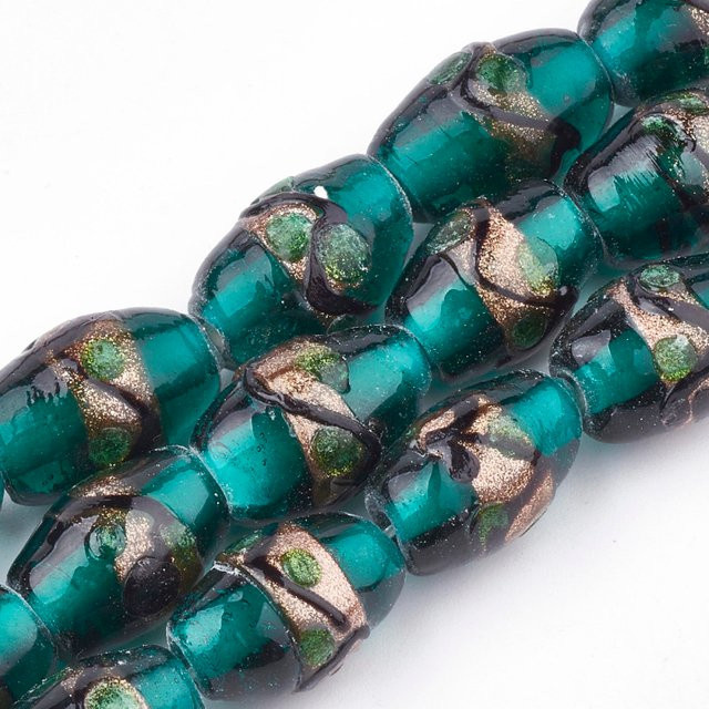 Perlen, Gold, Sand-Lampwork, dunkles Cyan, 15–18 x 10–12 mm - Bild 1