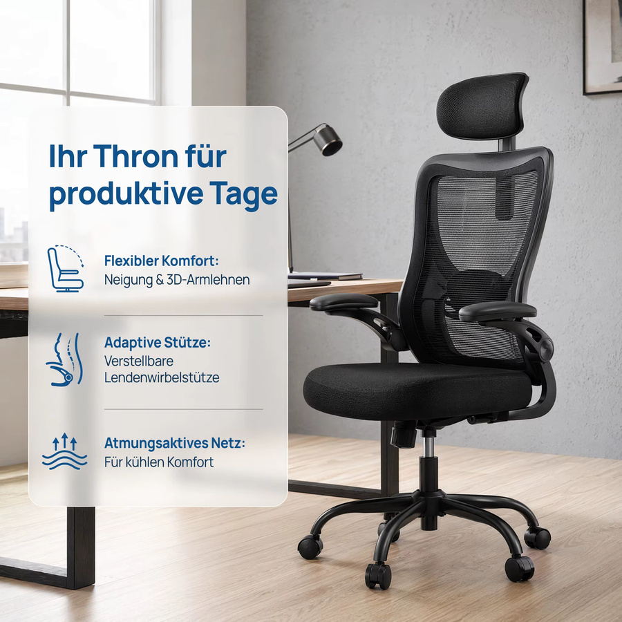 Ergonomischer Bürostuhl Marsail in Schwarz mit 2D-Kopfstütze, 3D-Armlehnen und verstellbarer Lendenwirbelstütze für Home-Office und Computerarbeit bis 150 kg - Bild 3