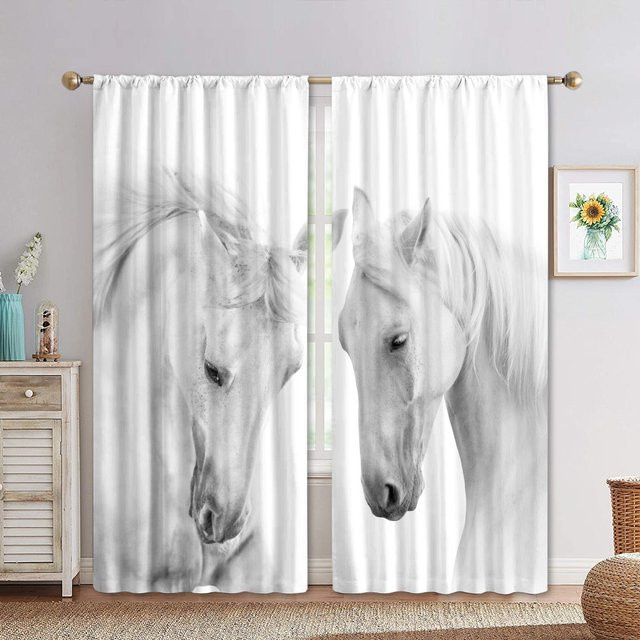 Zweiteiliges Fenstergardinen-Set mit schwarz-weißem Pferde-Rennprint, halbtransparent, Polyester, B: 60 cm, H: 60 cm - Bild 1