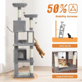 Pawz Road Katzenbaum Grau mit Höhle, Hängematte und integriertem Spielzeug, Höhe: 180 cm - Bild 2