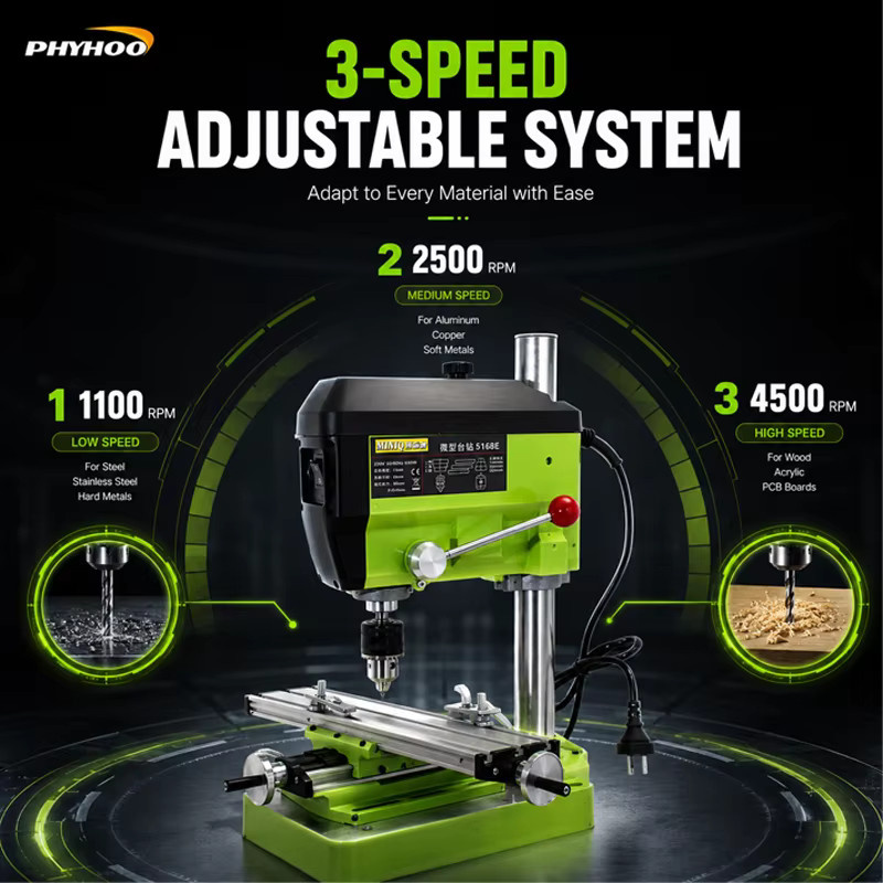 PHYHOO Mini-Präzisions-Tischbohrmaschine mit XY-Kreuzschiebetisch, 680W, Grün, für Schmuck, Metall und Holz - Bild 3