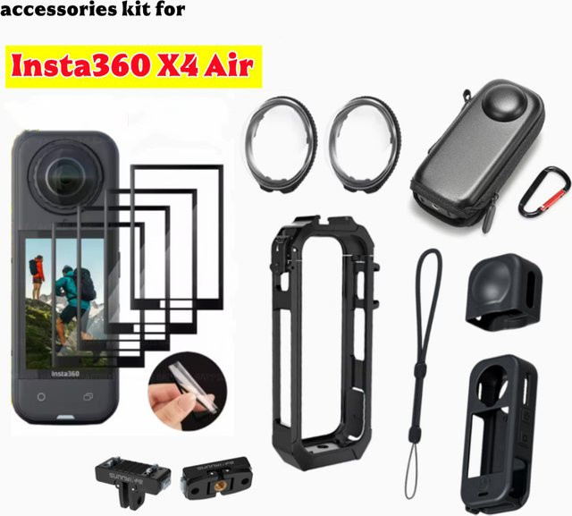 Schutzset für DJI Insta360 X4 Air in Schwarz mit Displayschutzglas, gehärtetem Objektivschutz, Silikon-Schutzhülle und Metall-Magnetadapter-Rahmen - Bild 1