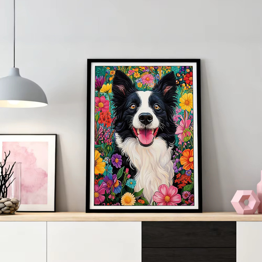 HUACAN 5D Diamant-Malerei-Set mit floralem Hunde-Motiv und Rosenblüten, Diamant-Mosaik-Kit in Multicolour für die Tischdekoration - Bild 3