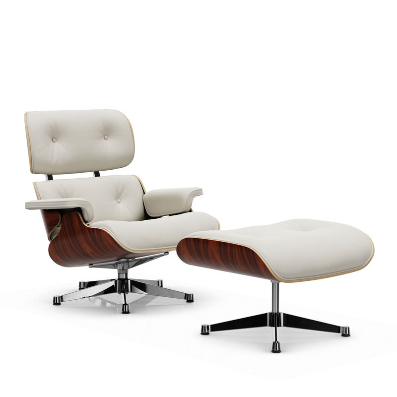 Vitra Lounge Chair mit Ottoman aus weißem Premiumleder und Holzfurnier - Bild 2