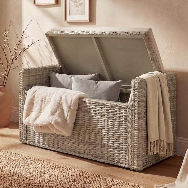 MCW Aufbewahrungstruhe Genua als Sitzbank und Garderobenbank aus Kubu Rattan in Grau, Breite: 88 cm - Bild 1
