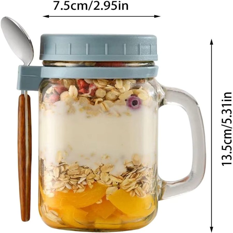 Weithalsglas für Overnight Oats und Joghurt mit Deckel und Löffel, auslaufsicherer Frühstücksbehälter aus Glas, 450 ml, transparent/grau - Bild 3