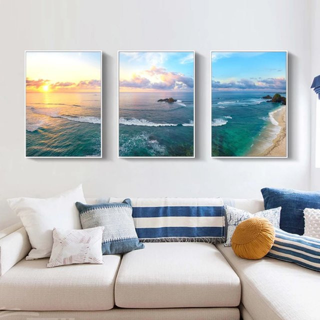 TPFLiving Luxus Poster Leinwand Set mit 3 Motiven Romantische Küstenlandschaft Sonnenuntergang Strand und Meer in Gelb Blau und Beige B/H: 50 x 70 cm - Bild 1