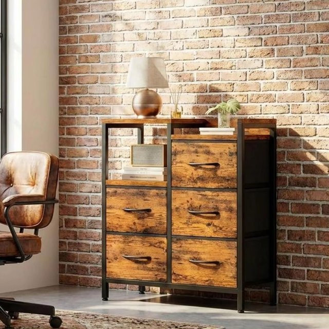 HiMISS Mobiler 5-Schubladen-Schrank mit offenem Ablagefach und Rollen, Büro-Organizer in Weiß und Braun im Industrial-Design - Bild 1