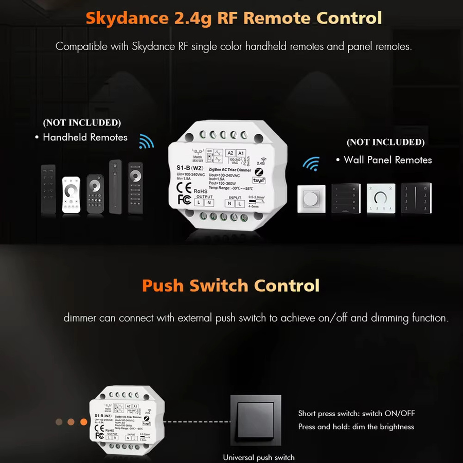 CENFAYA Tuya Zigbee RF AC Triac Dimmer LED Controller mit Push-Schalter, Smart Home Steuerung für Alexa und Google Assistant, Weiß - Bild 3