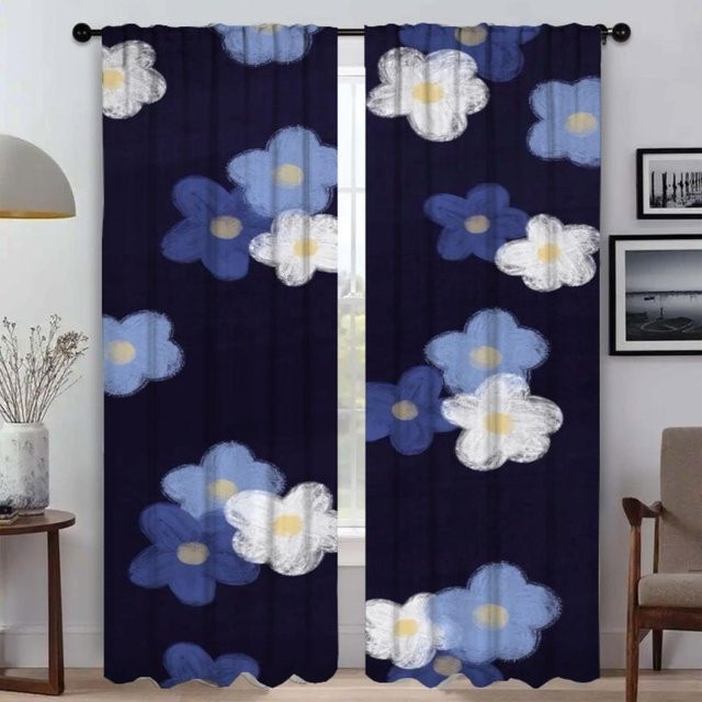 2er-Set Tüll-Vorhänge mit Blumenmuster in Blau, halbtransparent für Schlafzimmer und Kinderzimmer, Breite: 50 cm, Höhe: 70 cm - Bild 1