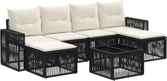vidaXL Gartensofa-Set 7-teilig aus Poly-Rattan in Schwarz und Weiß mit L-Form, Outdoor-Sofa, Couchtisch und Ottomane mit Polsterkissen - Bild 1
