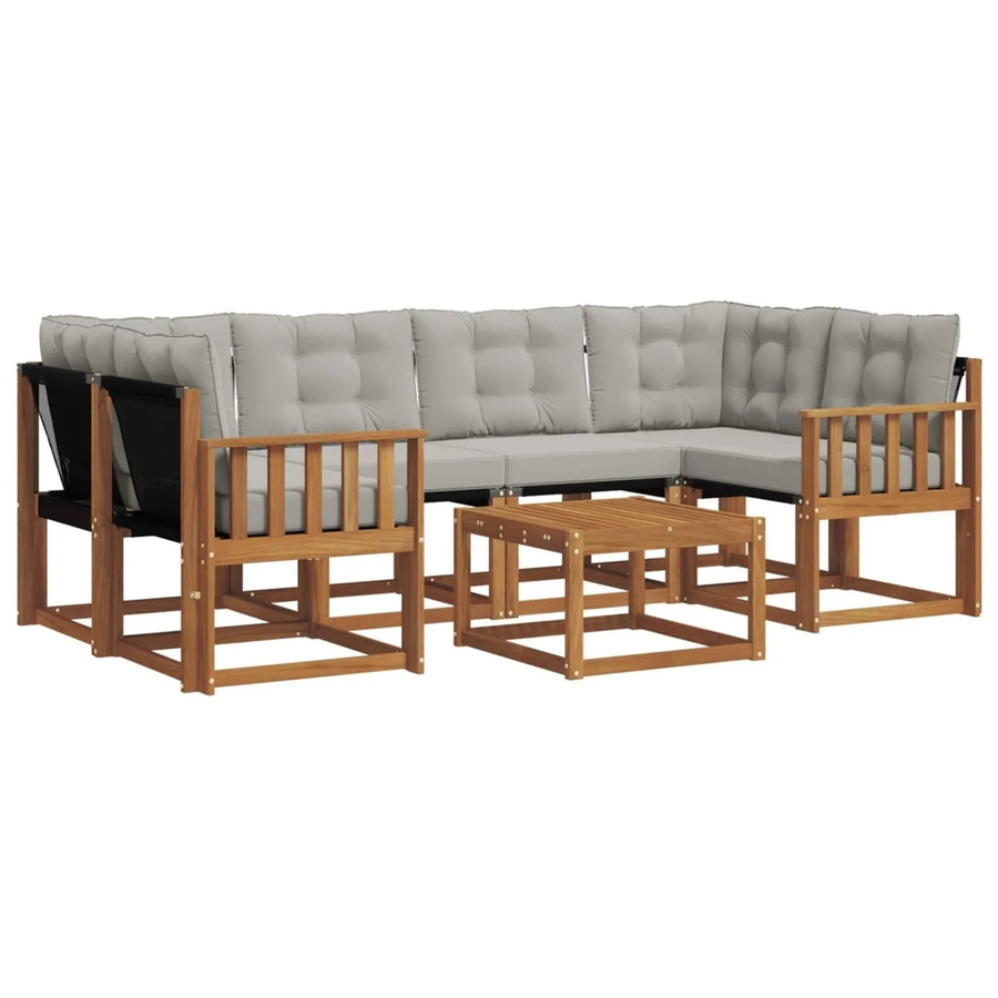 vidaXL Outdoor-Sofagarnitur 7-teilig aus Akazienholz und Textilene in Natur und Hellgrau mit Kissen und Armlehnen - Bild 2