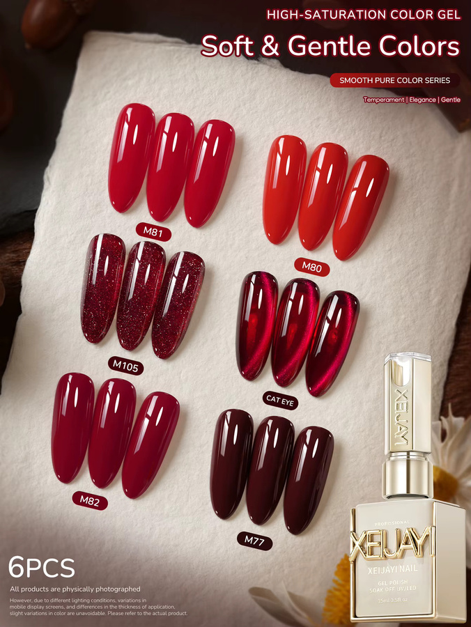 XEIJAYI Gel-Nagellack-Set roten Serie, 6 Farben, 15 ml, glänzend - Bild 2