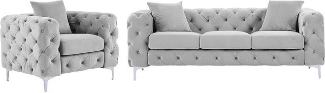 Vente-unique Couchgarnitur Edwina aus Samt in Hellgrau bestehend aus 3-Sitzer Sofa und Sessel, Breite: 220 cm, Breite Sessel: 106 cm - Bild 1