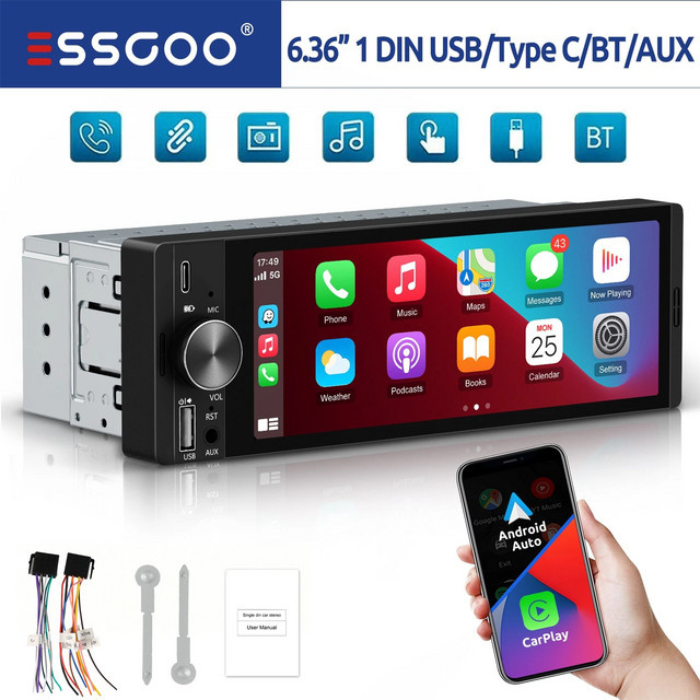 ESSGOO 6,36 Zoll Universal 1 DIN Autoradio mit CarPlay und Android Auto, Bluetooth, USB-C, FM und Mirror Link, Schwarz - Bild 1