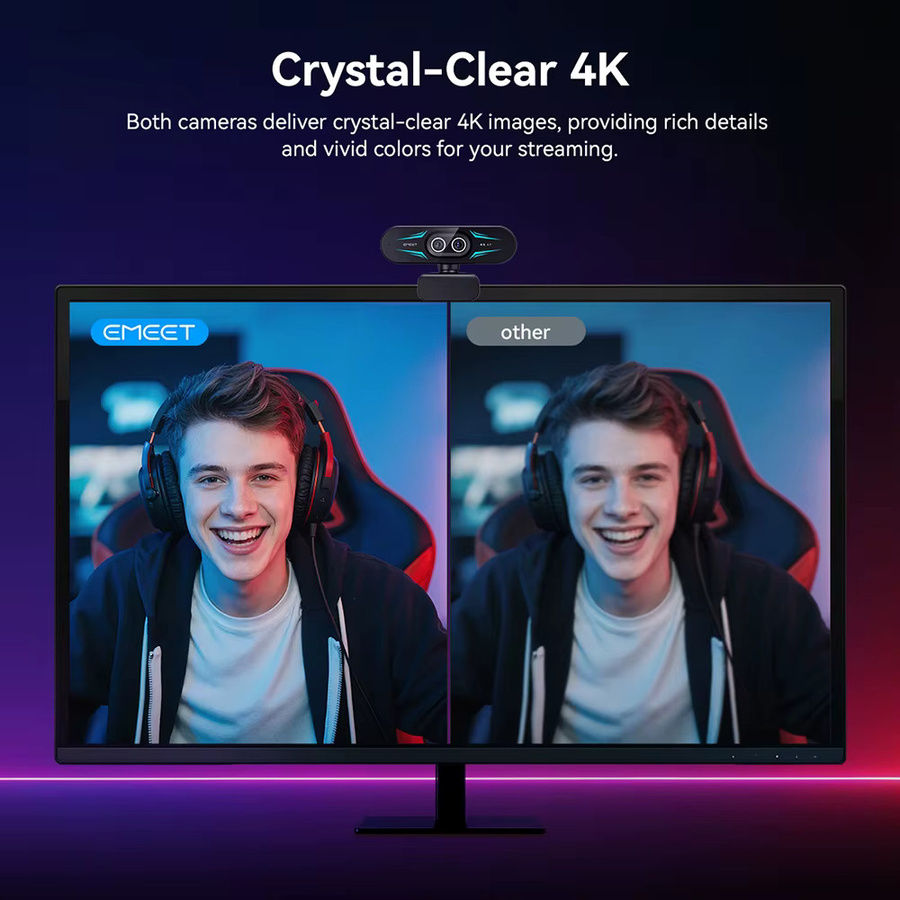 EMEET C60E 4K Webcam mit RGB-Licht und 1080P 60fps für Streaming und Gaming, Schwarz - Bild 4