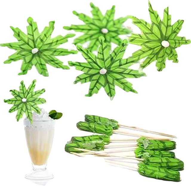 Tropische Kokospalme Papier Regenschirme als Cocktail Obst Picks und Cupcake Topper in Grün für Hawaii Partys und Hochzeiten - Bild 1