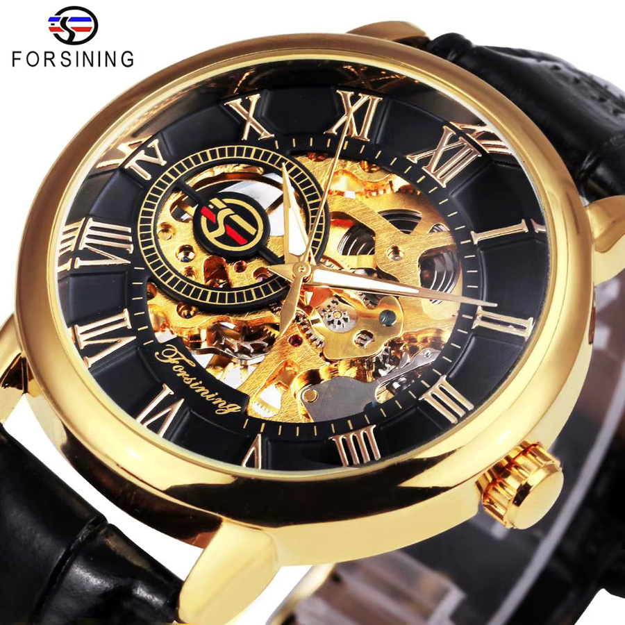 Forsining Armbanduhr, Skelett, Mechanisch, Handaufzug, Schwarz-Gold, Leder, Herren - Bild 2