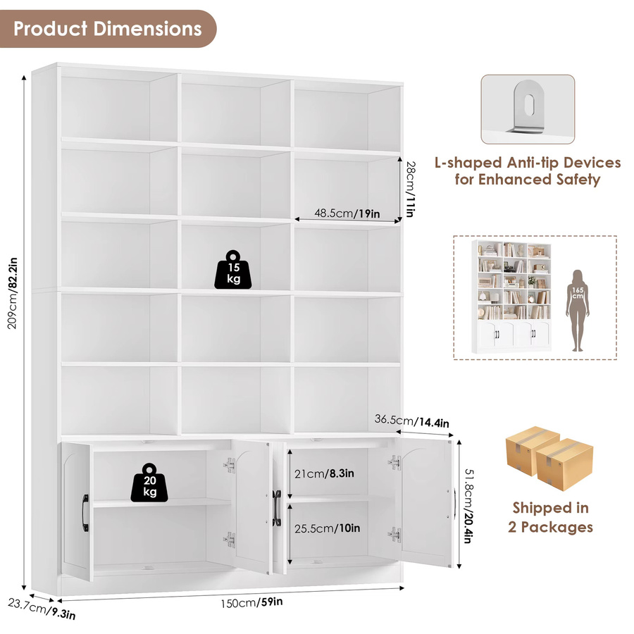 Getone Bücherregal als Hochschrank mit 15 Fächern und 4 Türen, modernes Standregal für Wohnzimmer, Büro oder Küche, B/T/H: 150 x 23,7 x 209 cm - Bild 2