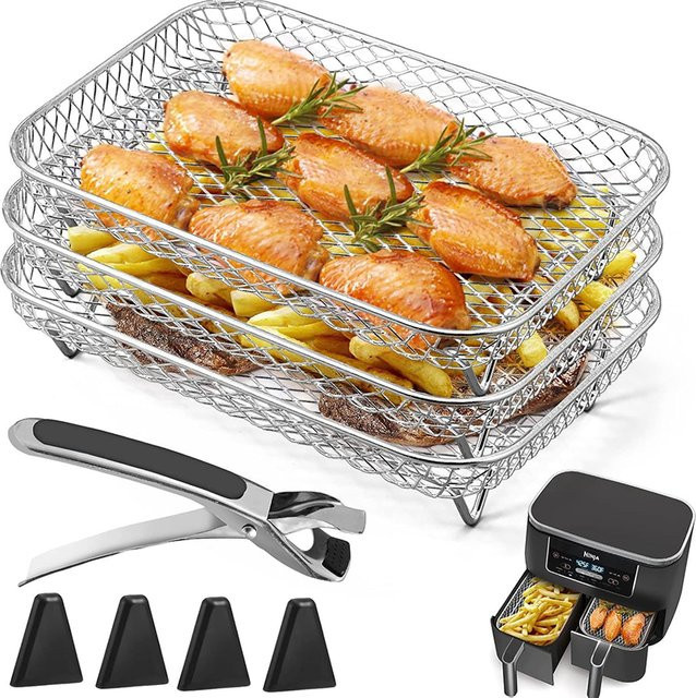 Ninja Air Fryer Zubehör 3-lagiger rechteckiger stapelbarer Grillständer für Dual/Double/Two Basket Airfryer Oven in Silber und Pink, B/T/H: 19,5 x 13,0 cm - Bild 1