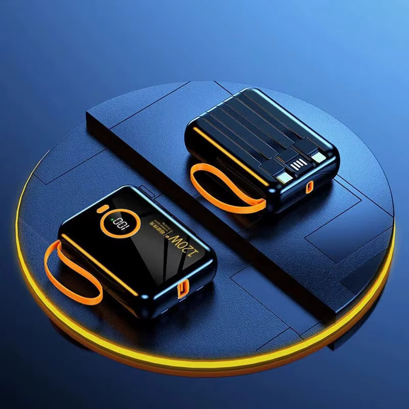Tragbare Powerbank mit 30000 mAh Kapazität und 120W Schnellladefunktion inklusive integriertem Kabel für iPhone und Samsung, erhältlich in Schwarz oder Weiß - Bild 2