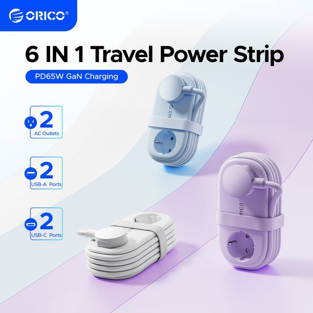 ORICO Tragbare Reise-Steckdosenleiste mit 65 W GaN-Schnellladestation, 2 AC-Steckdosen und 2 USB-C Anschlüssen, Weiß oder Lila - Bild 1