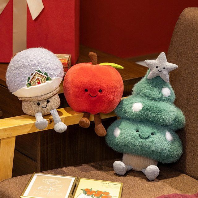 Kawaii Weihnachts Plüschtier Set von Potdemiel mit Baum, Schneekugel und grünem Apfel als weiche Stoffpuppen und kuschelige Weihnachtsdekoration für Mädchen - Bild 1