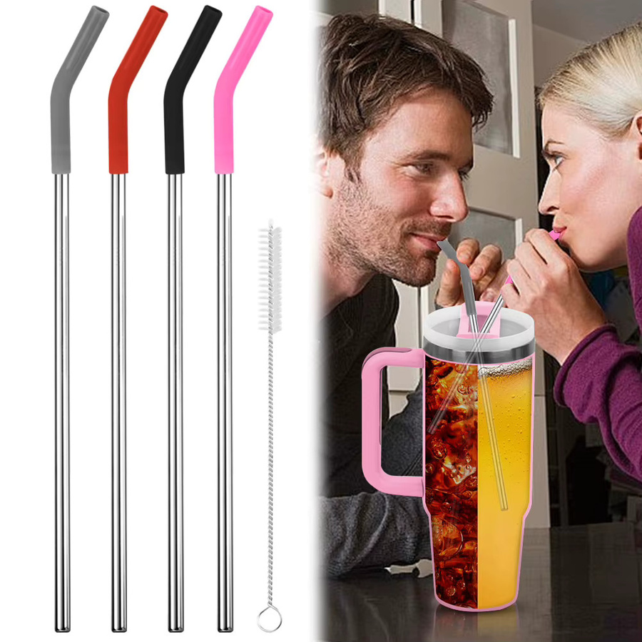 ATUOTIN 4er Set wiederverwendbare Metallstrohhalme aus Edelstahl mit Silikonspitzen und Abdeckung in Multicolor für Stanley 40oz Becher Zubehör - Bild 2