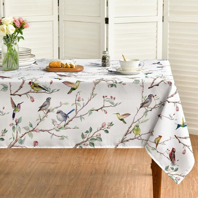 Wasserdichte Tischdecke JINGYUE Pet mit floralem Frühlingsvogel-Design in Weiß, B/B: 140 x 180 cm - Bild 1
