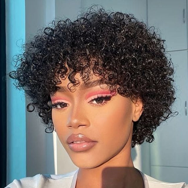 Afro-Locken-Bob Echthaarperücke mit Pony, brasilianisches Remy-Haar, braun, Damen - Bild 1