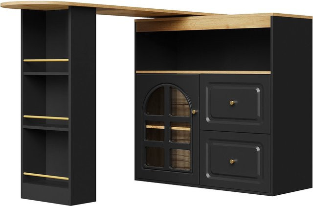 Moderner 360 Grad drehbarer Sideboardschrank FC in Schwarz mit 2 Schubladen, Snackregal und Bogenglas, B/T/H: 138-204 x 39 x 104 cm - Bild 1